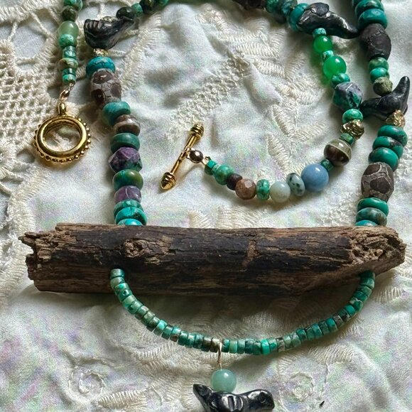 Handmade Jewelry - Bohemian OOAK Turquoise, Wood, Ceramic, Aventurine Statement Necklace